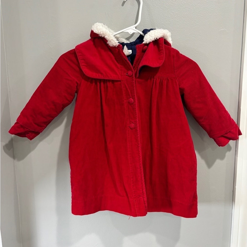 Vintage Girls Red Corduroy Long Hooded Lapel Peacoat Coat Jacket Size 4/4T